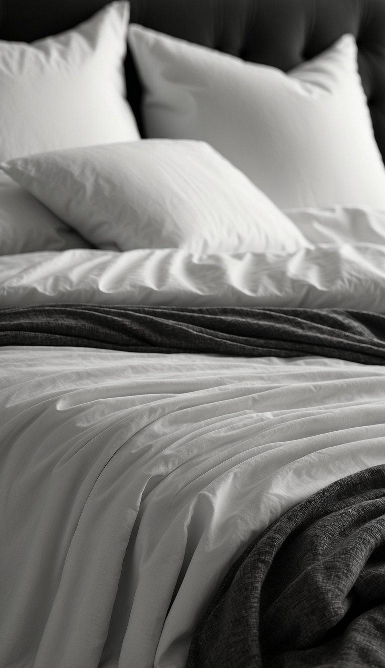 White linen sheets draped over a bed in a monochrome bedroom with black, white, and grey decor