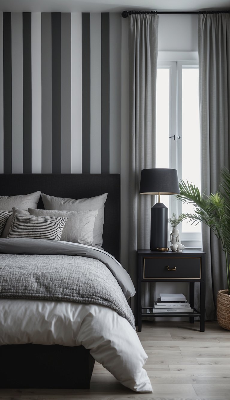 A bedroom with grey striped wallpaper, minimalistic black, white, and grey decor