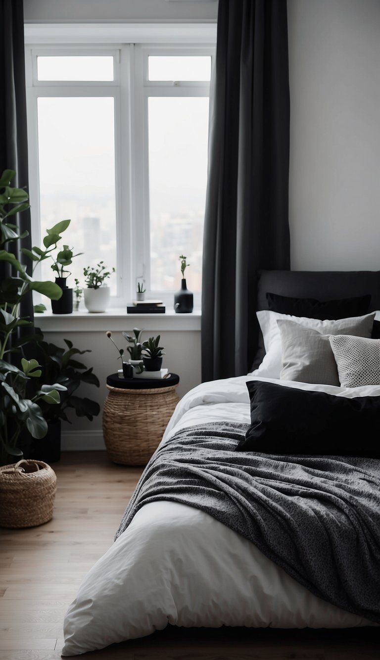 A cozy bedroom with blackout curtains in black, white, and grey. Minimalist decor, soft lighting, and clean lines create a modern and tranquil atmosphere