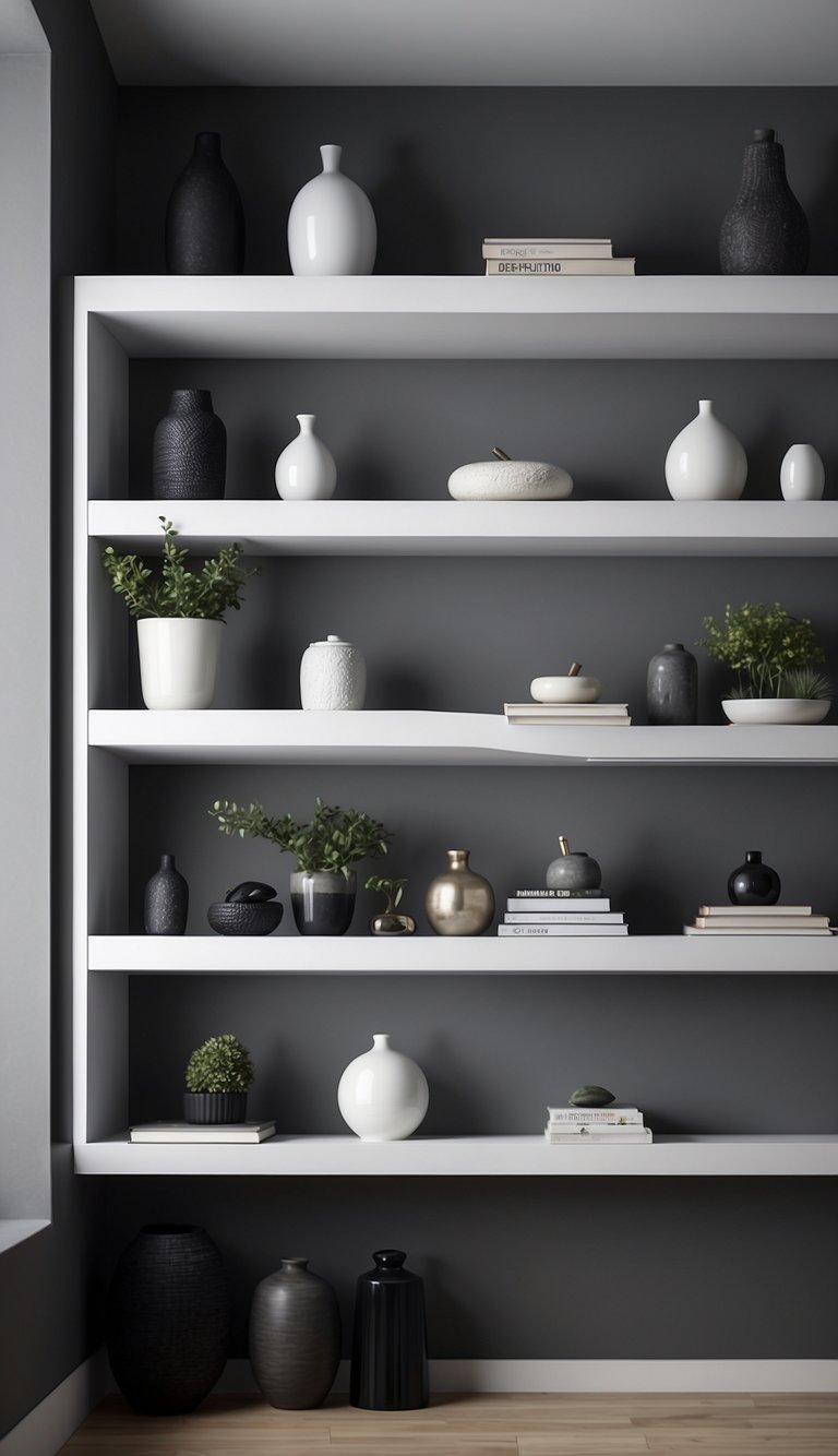 White floating shelves hold black, white, and grey decor in a bedroom