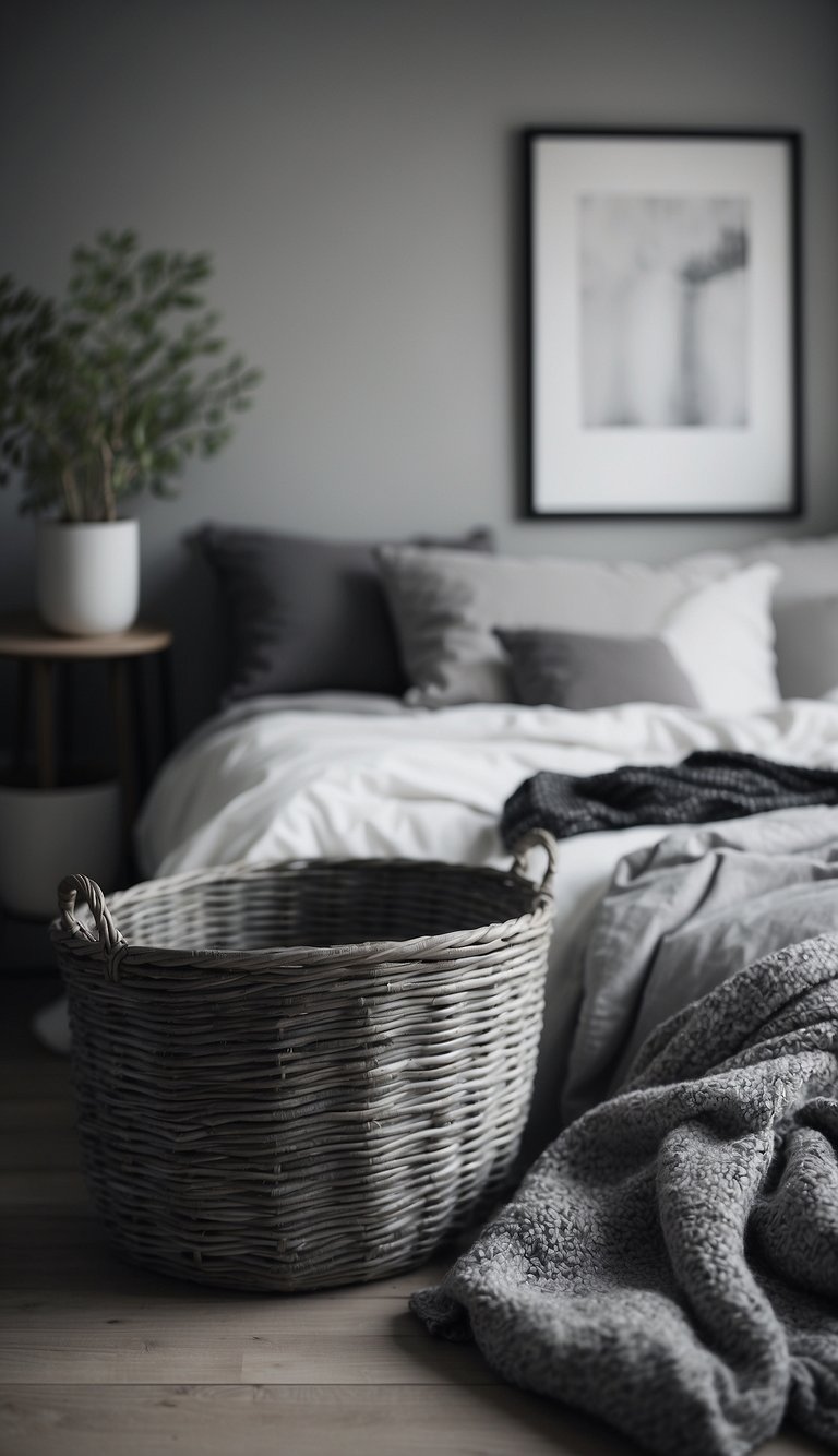 A grey woven basket sits on the floor of a monochromatic bedroom, surrounded by black, white, and grey decor