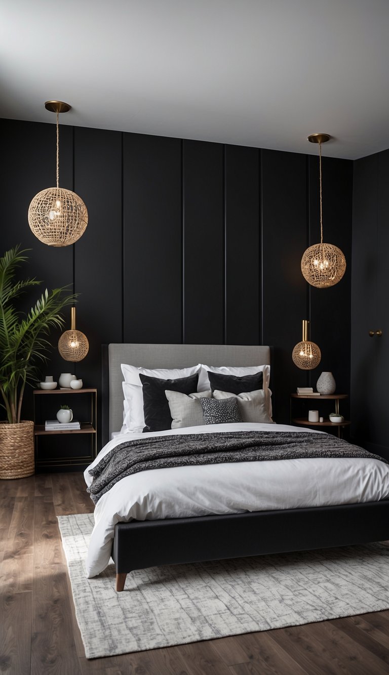 A sleek black accent wall contrasts with white and grey decor in a modern bedroom setting