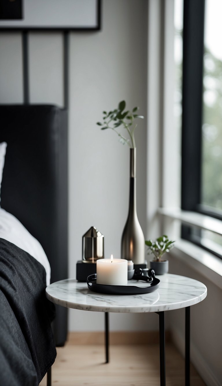 A white marble side table sits in a modern bedroom adorned with black, white, and grey decor