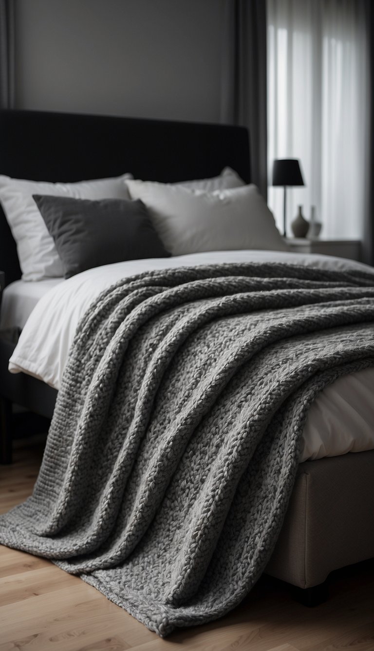 A cozy grey knit blanket drapes over a bed in a monochrome bedroom, accented with black, white, and grey decor