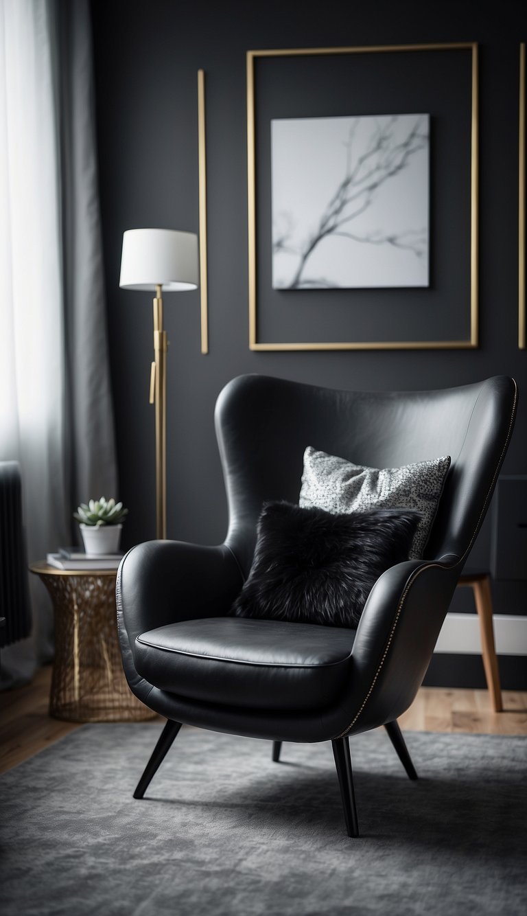 A sleek black leather armchair sits in a modern bedroom with black, white, and grey decor