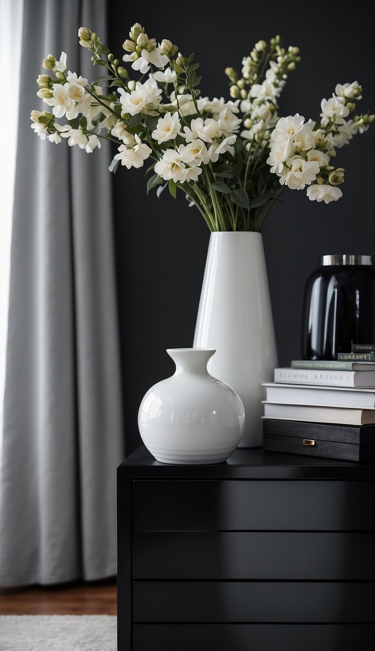 A white ceramic vase sits atop a sleek black dresser in a modern, monochromatic bedroom. Shades of black, white, and grey dominate the space, creating a minimalist and sophisticated atmosphere