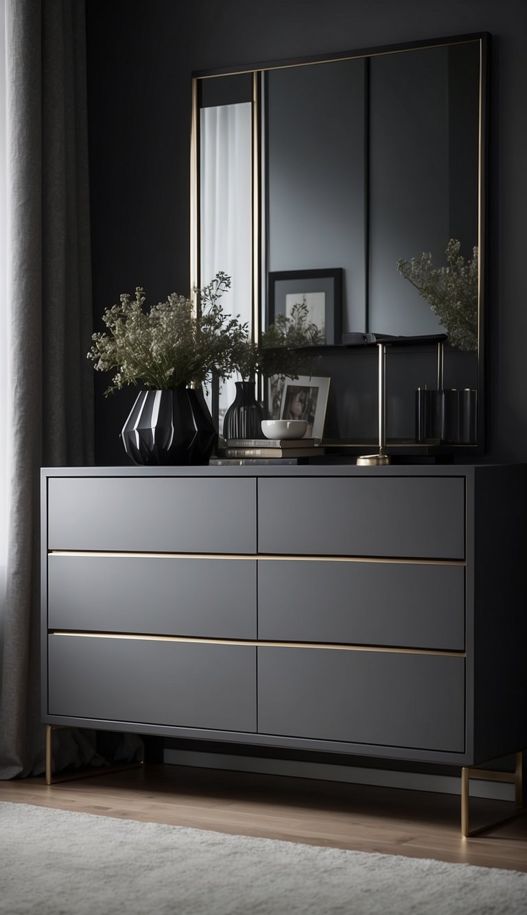 A sleek grey modern dresser stands in a black, white, and grey bedroom, adding a touch of contemporary elegance to the space