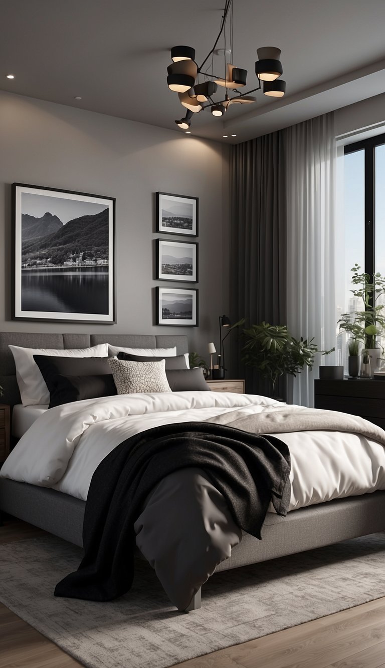 A bedroom with 21 black picture frames on the walls, creating a modern and sophisticated atmosphere with a color scheme of black, white, and grey