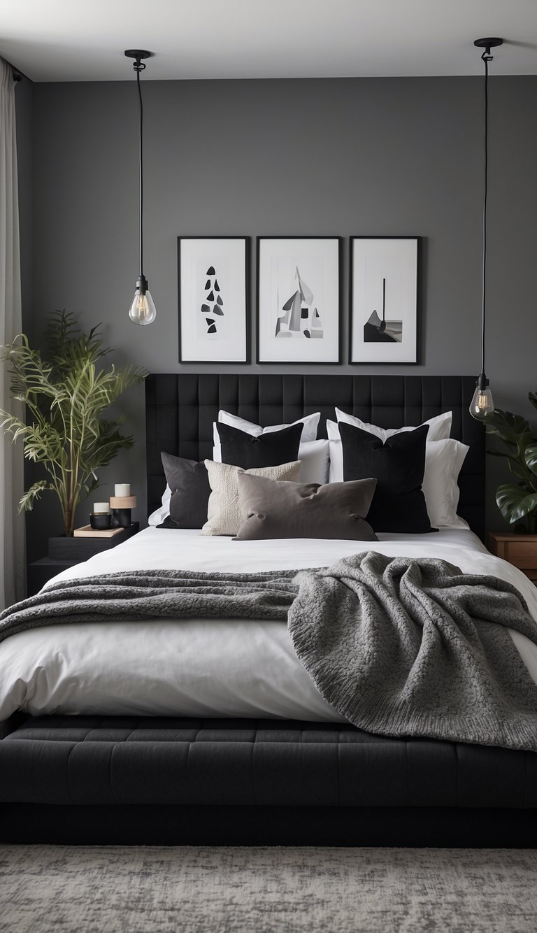 A bedroom with black, white, and grey decor. Monochromatic bedding, minimalist furniture, and neutral wall art create a serene and modern atmosphere