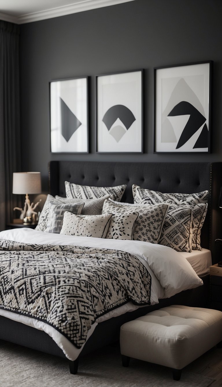 A monochromatic bedroom with geometric patterns on the bedding, textured throw pillows, and a mix of smooth and rough surfaces in the decor