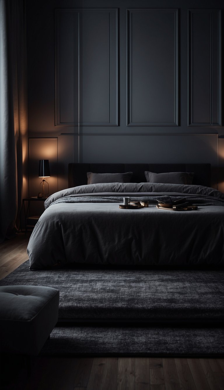 A dimly lit bedroom with monochromatic decor. Shadows cast against the walls, creating a moody and sophisticated ambiance