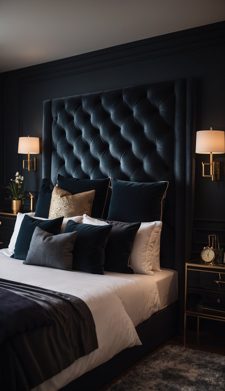 A luxurious, dark velvet headboard stands against a moody bedroom backdrop, creating a sense of elegance and sophistication