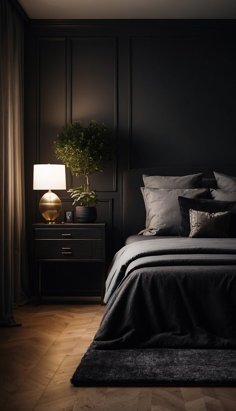 A dimly lit bedroom with matte black walls, creating a moody and mysterious atmosphere