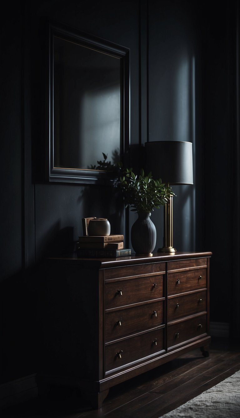 A dark wood dresser sits against a moody bedroom wall, casting shadowy tones in the dimly lit room