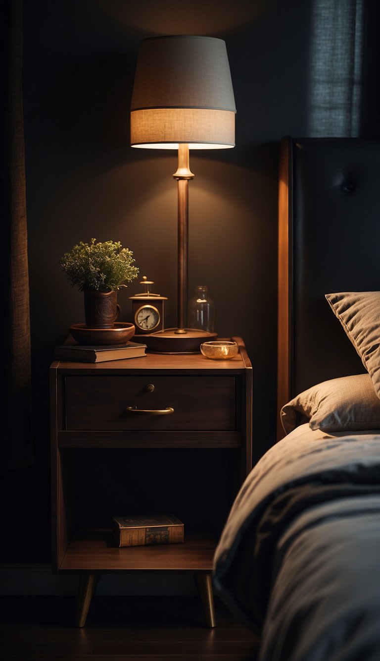 Two vintage nightstands sit in a dark, moody bedroom. Soft ambient lighting casts shadows, creating a mysterious and nostalgic atmosphere