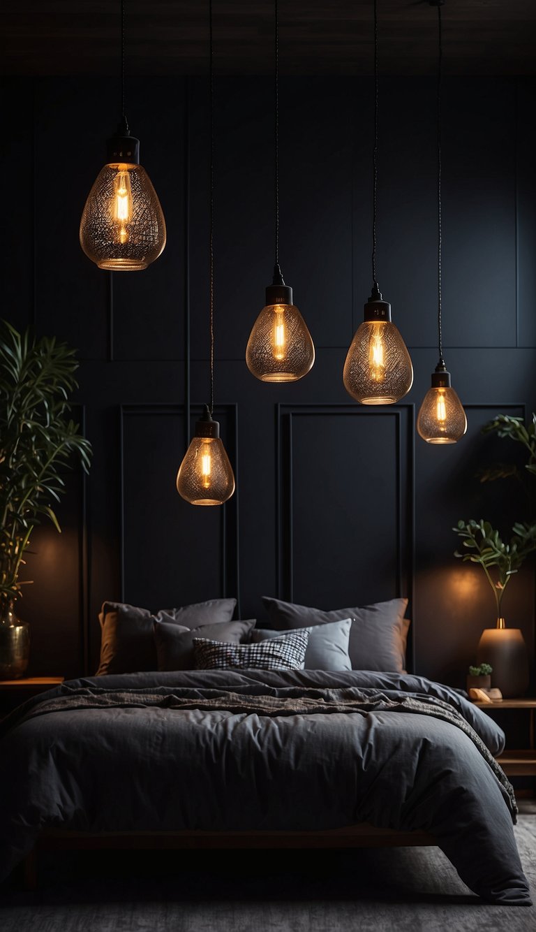 Three iron pendant lights hang above a bed in a dark, moody bedroom. The room is dimly lit, creating a cozy atmosphere