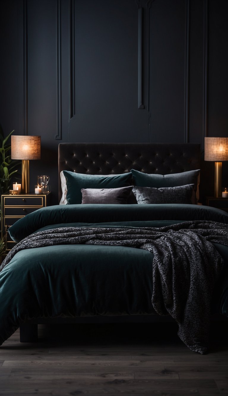 Dark bedroom with 23 velvet throw pillows in moody hues. Cozy, luxurious atmosphere with dim lighting and rich textures