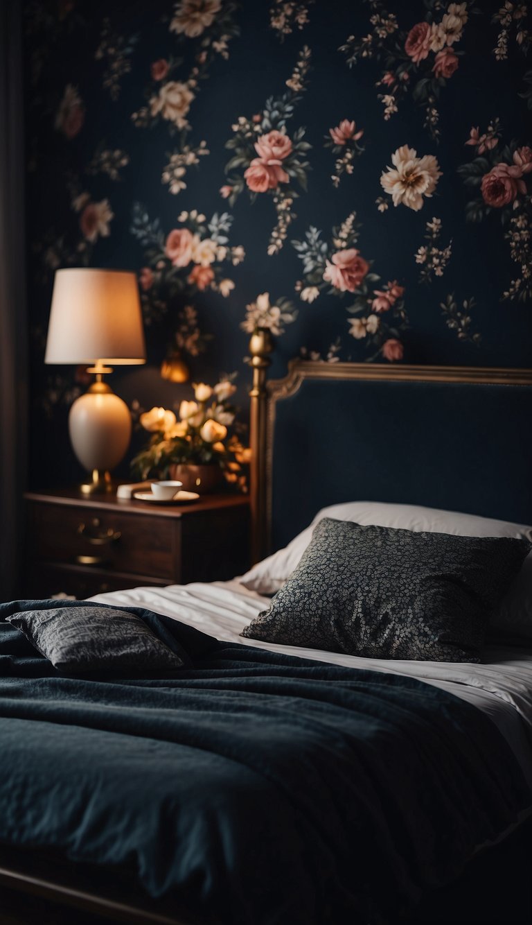 A dimly lit bedroom with dark floral wallpaper, creating a moody atmosphere