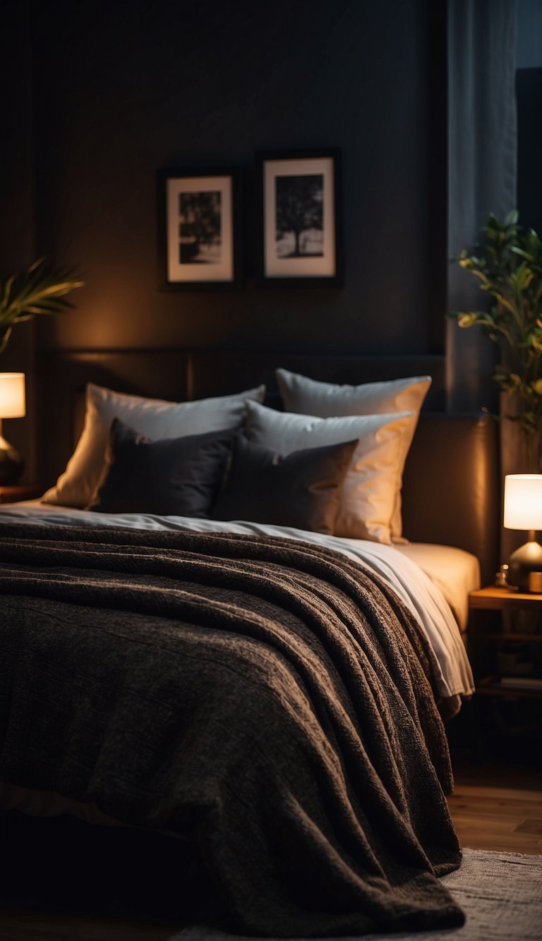 A cozy, dimly lit bedroom with textured blankets in deep, rich colors. Subtle shadows create a moody atmosphere, perfect for relaxation