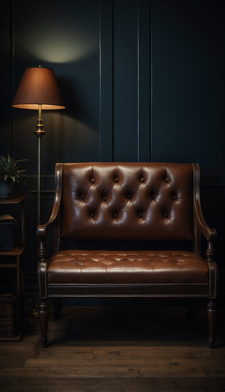 A leather bench sits in a dimly lit bedroom, surrounded by deep, moody colors