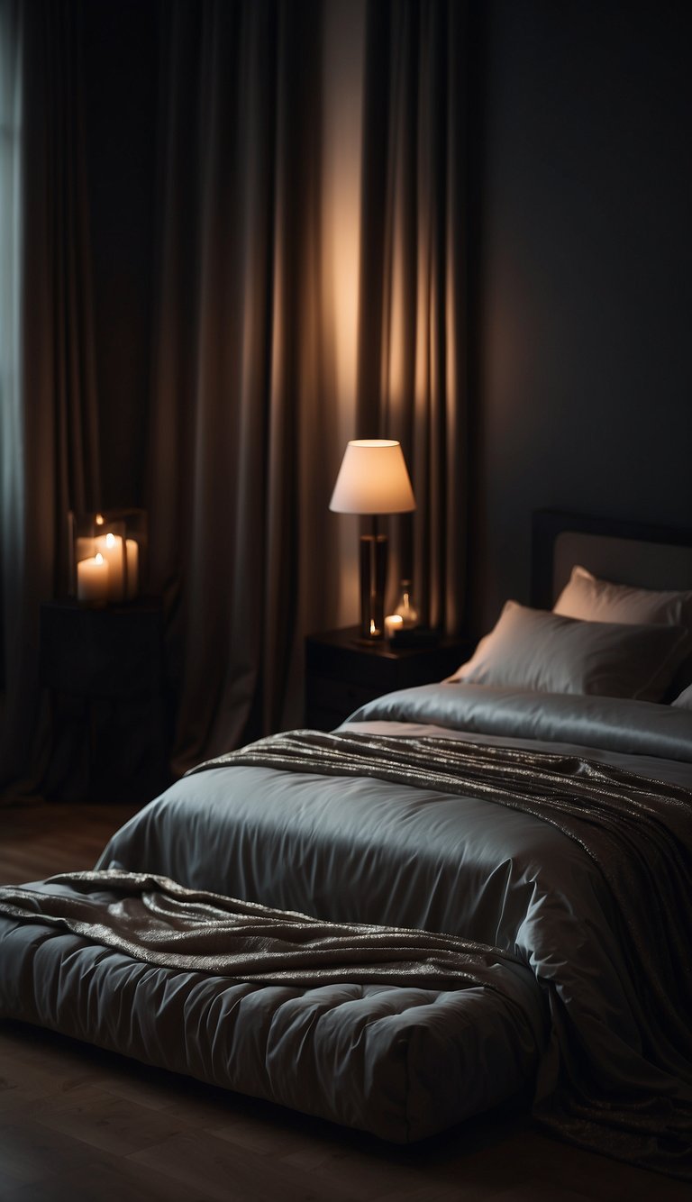 A satin bedspread drapes over a bed in a dimly lit, moody bedroom, creating an atmosphere of luxury and elegance