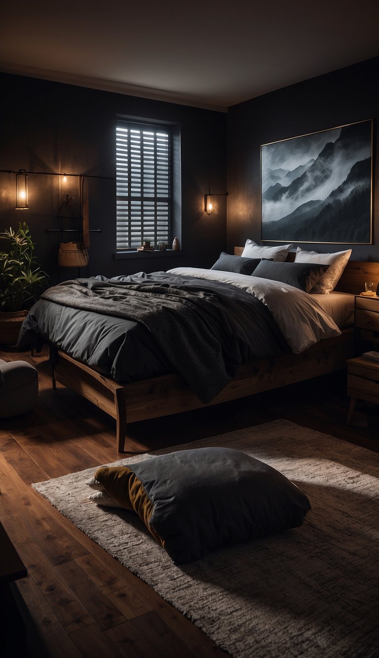 A dimly lit bedroom with rustic wall art, creating a moody atmosphere. Shades of dark colors dominate the space, evoking a sense of mystery and coziness