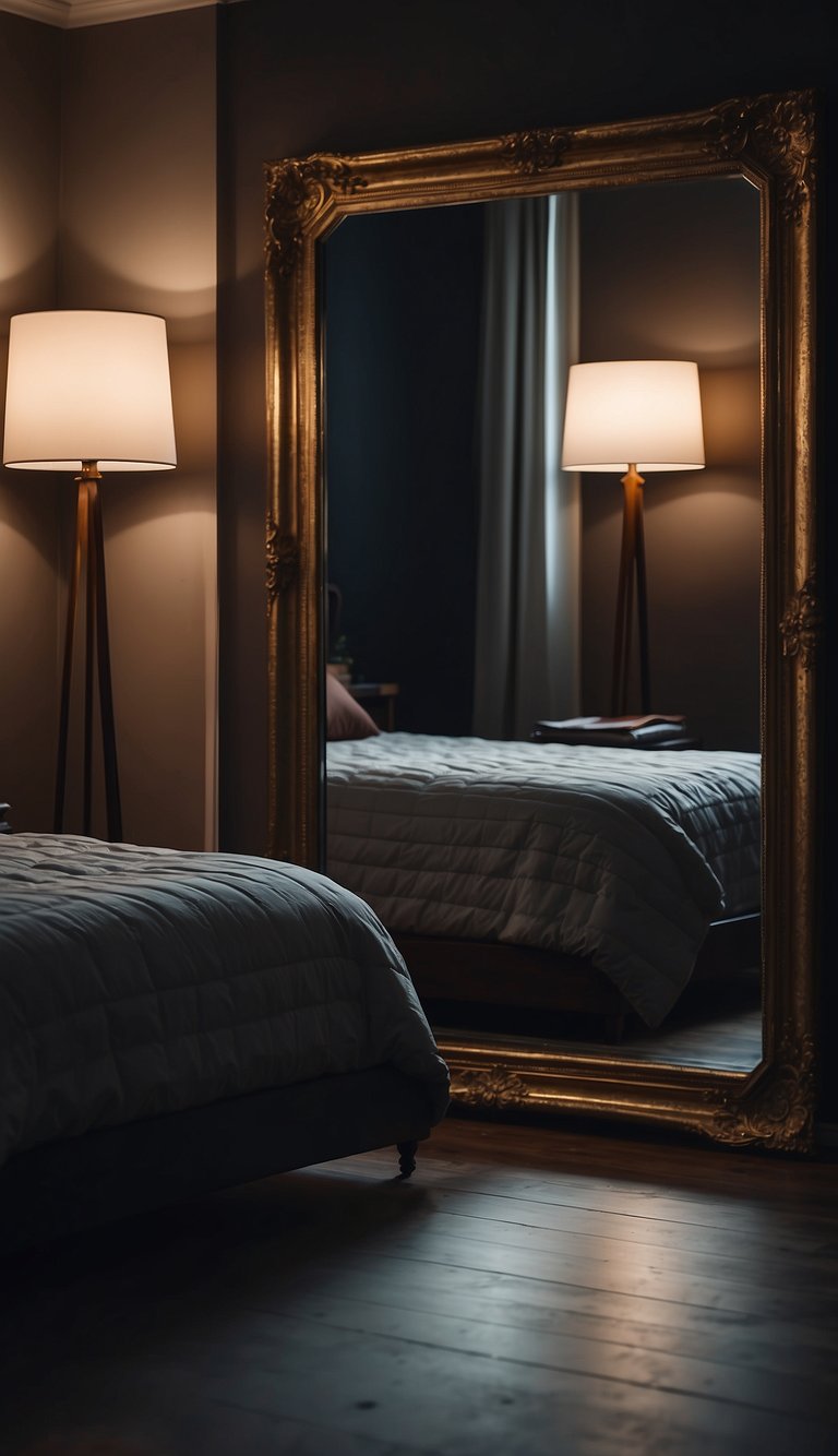 An oversized mirror reflects a dimly lit bedroom with deep, moody tones