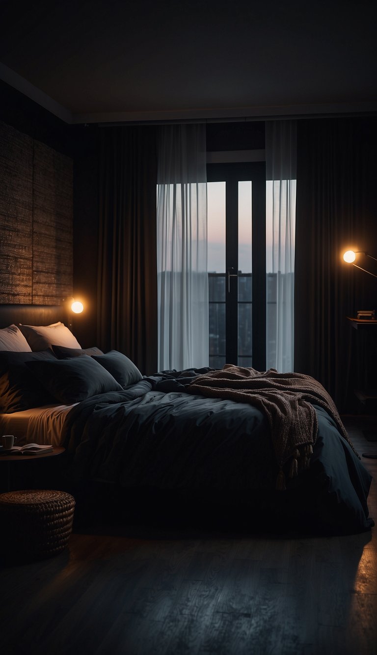 A dimly lit bedroom with heavy blackout curtains, creating a moody and mysterious atmosphere. The room is filled with dark and rich colors, adding to the overall feeling of coziness and intimacy