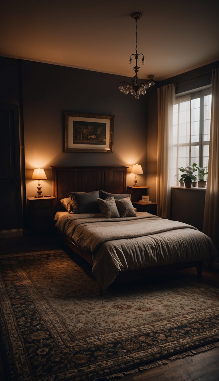 A dimly lit bedroom with an antique rug as the focal point, creating a moody and nostalgic atmosphere