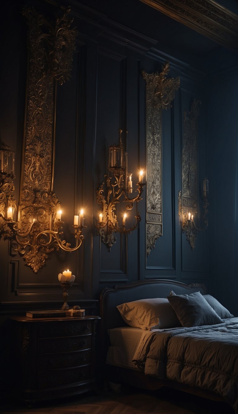 The dimly lit bedroom is adorned with ornate, gothic-inspired wall sconces, casting eerie shadows across the walls