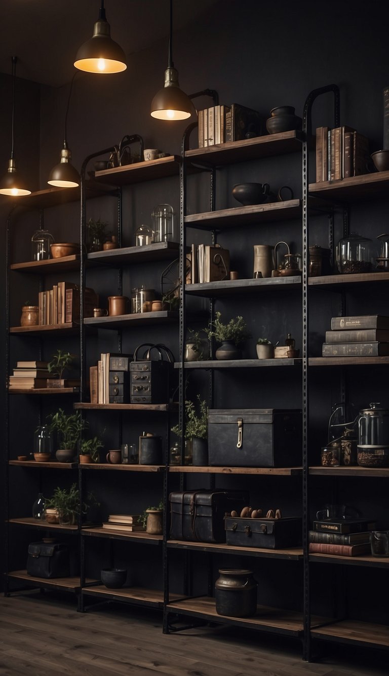 Industrial shelves filled with dark, moody decor in a bedroom setting. The room is dimly lit, creating a mysterious and atmospheric mood