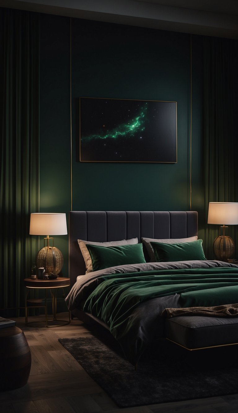 A dimly lit bedroom with deep green accents, creating a moody atmosphere. Rich, dark colors dominate the space, with minimal light filtering through