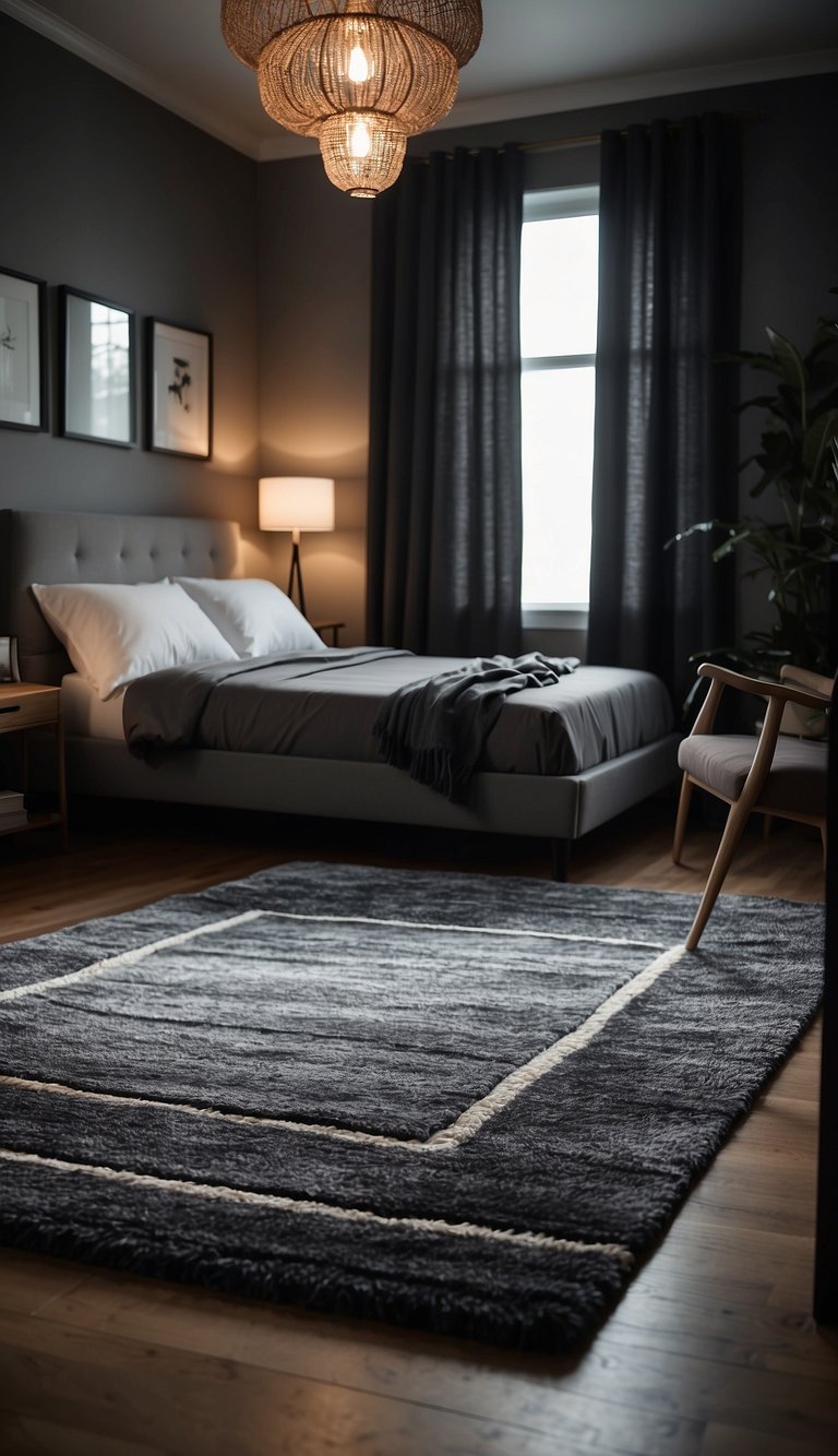 A plush area rug sits in the center of a dimly lit, moody bedroom, adding warmth and texture to the space