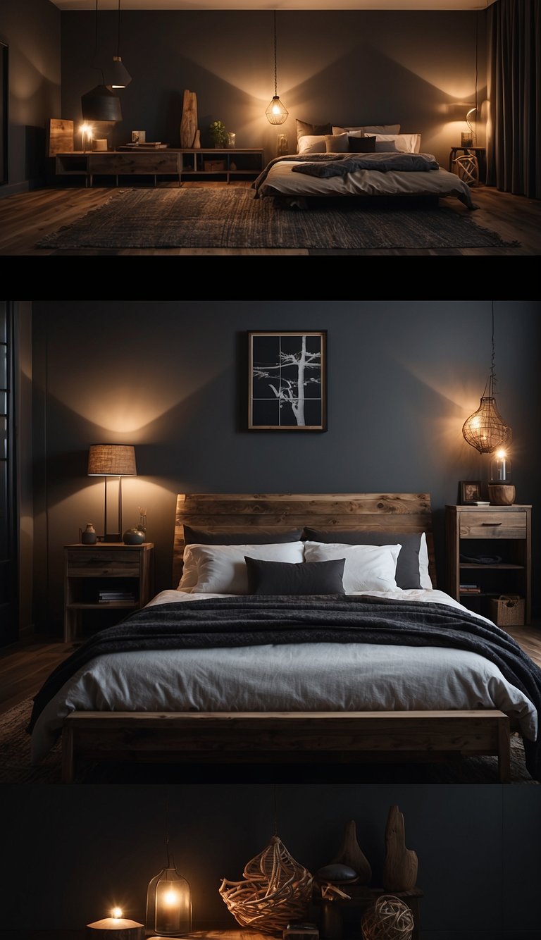 The bedroom is adorned with dark driftwood decor, casting moody shadows. Subtle lighting enhances the mysterious atmosphere