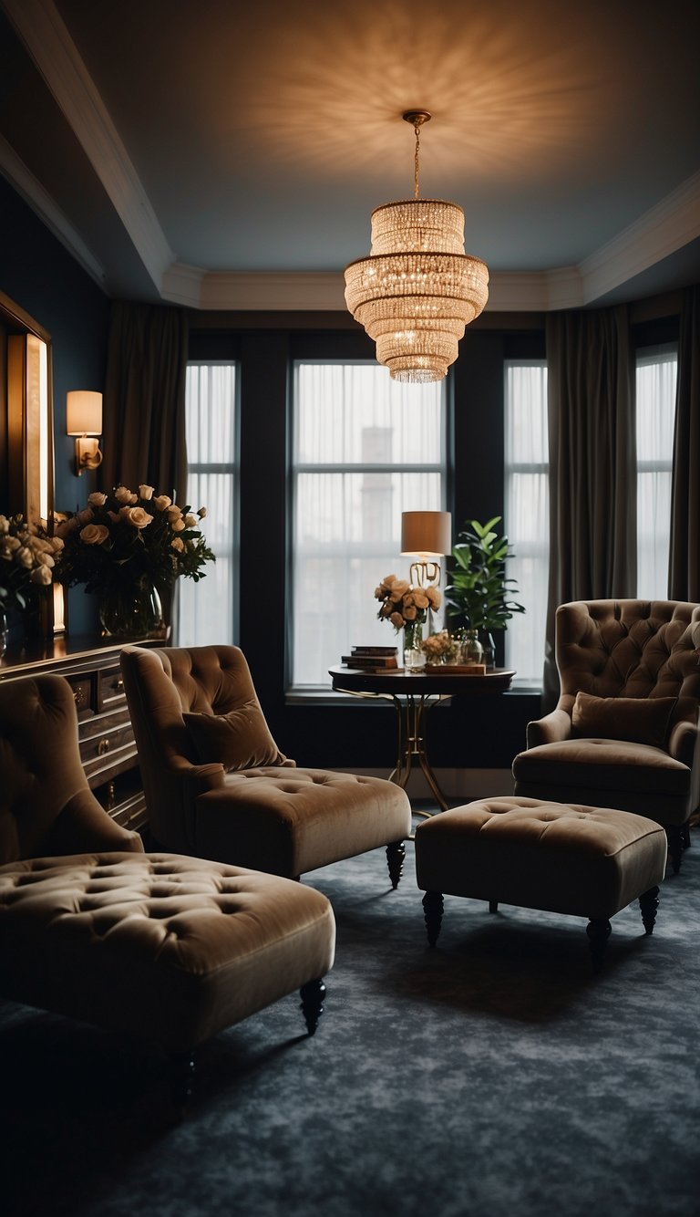 A dimly lit bedroom with rich velvet chairs, creating a moody and luxurious atmosphere