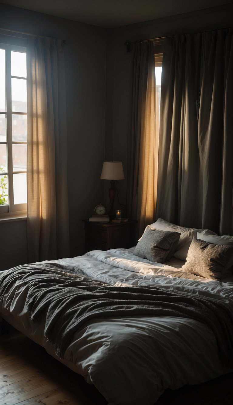 A dimly lit bedroom with heavy curtains, a rumpled bed, and shadows casting an eerie atmosphere