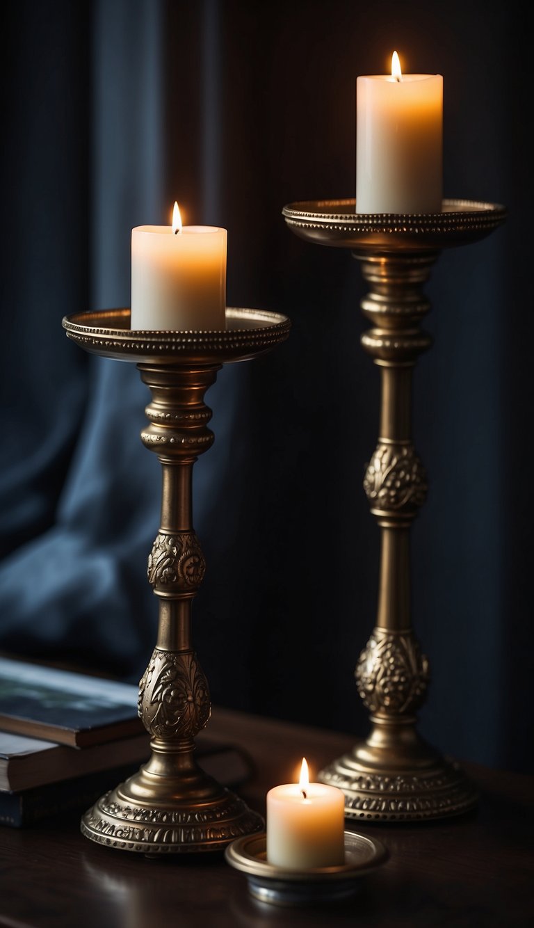 Metallic candle holders stand on a dark, moody bedroom dresser