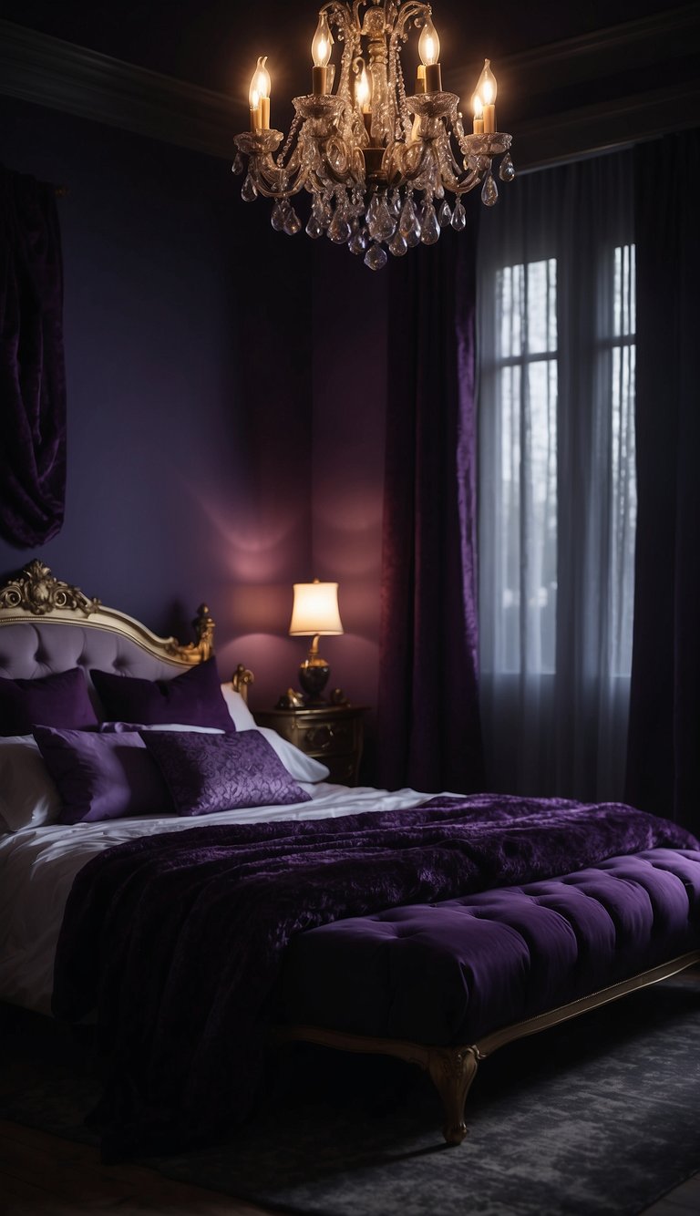 A dimly lit bedroom with heavy curtains, a deep purple color scheme, and flickering candlelight creating a mysterious and moody atmosphere