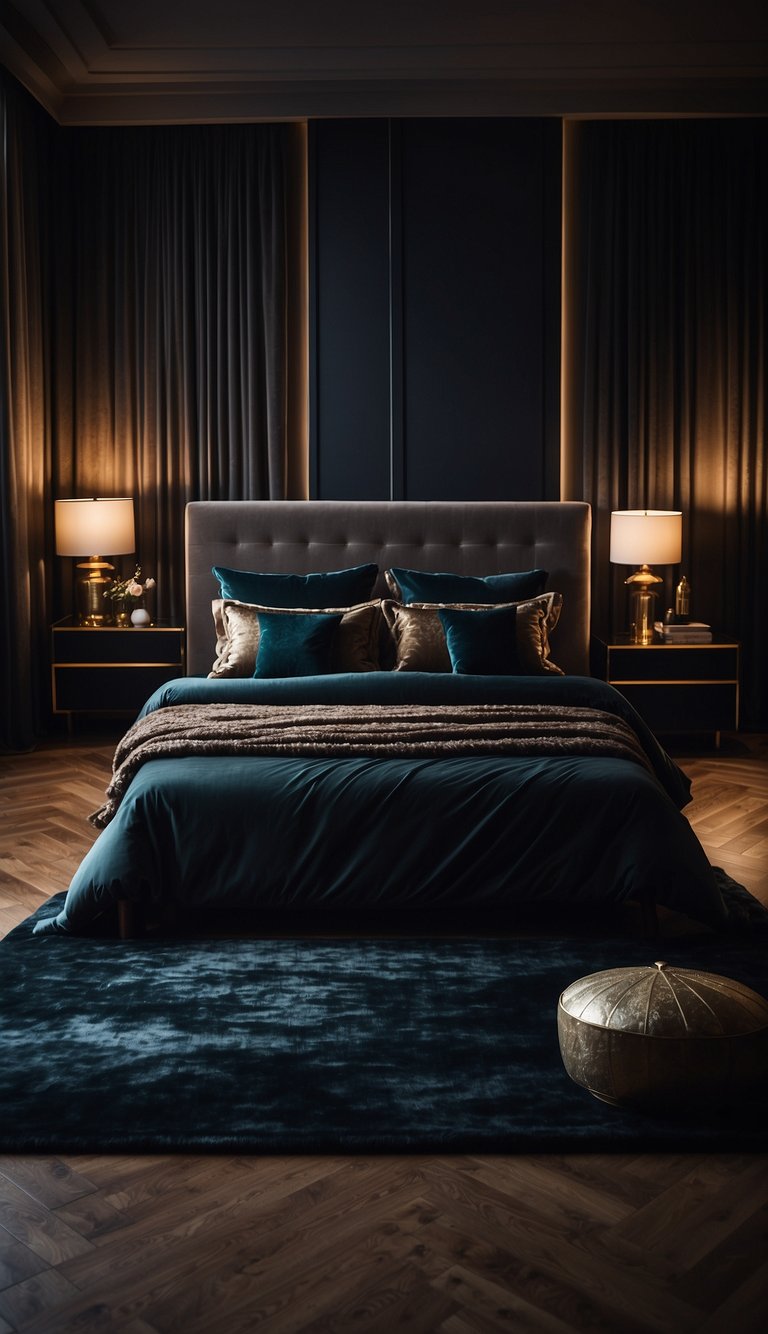 A dimly lit bedroom with rich, textured fabrics in deep, moody hues. Velvet drapes, silk bedding, and plush rugs create a luxurious and intimate atmosphere