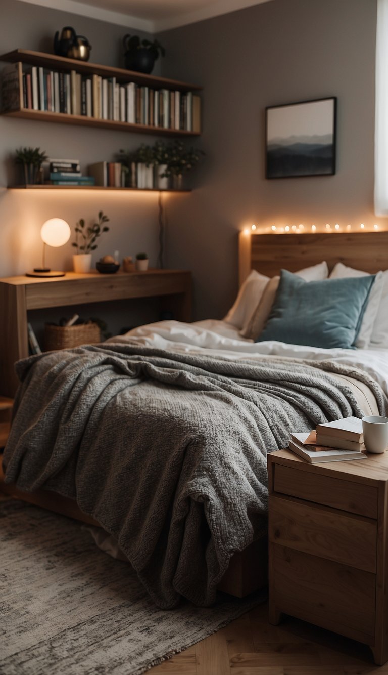 A cozy bedroom with small floating shelves displaying various decor and books