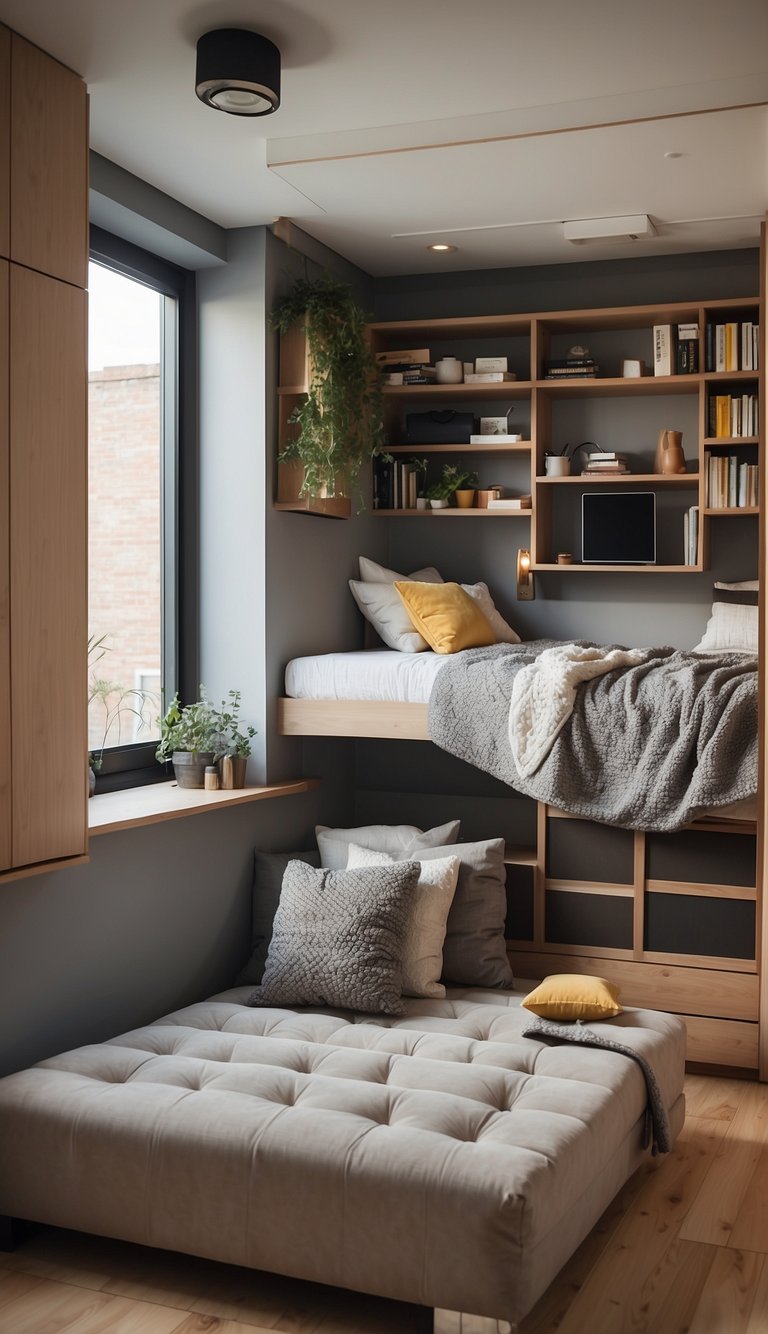 A small room with a Murphy bed folded up against the wall, surrounded by clever storage solutions and multi-functional furniture