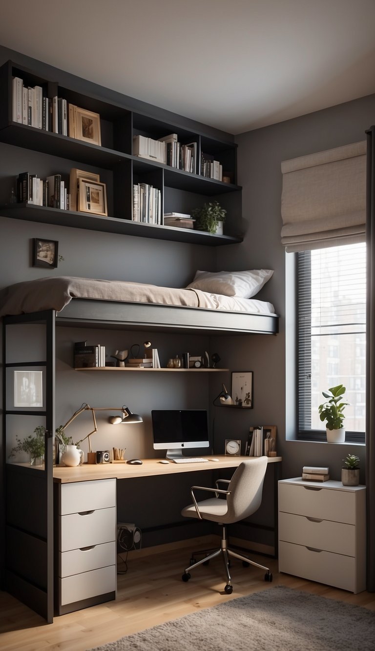 A small bedroom with a foldable desk against the wall, surrounded by storage solutions and space-saving furniture