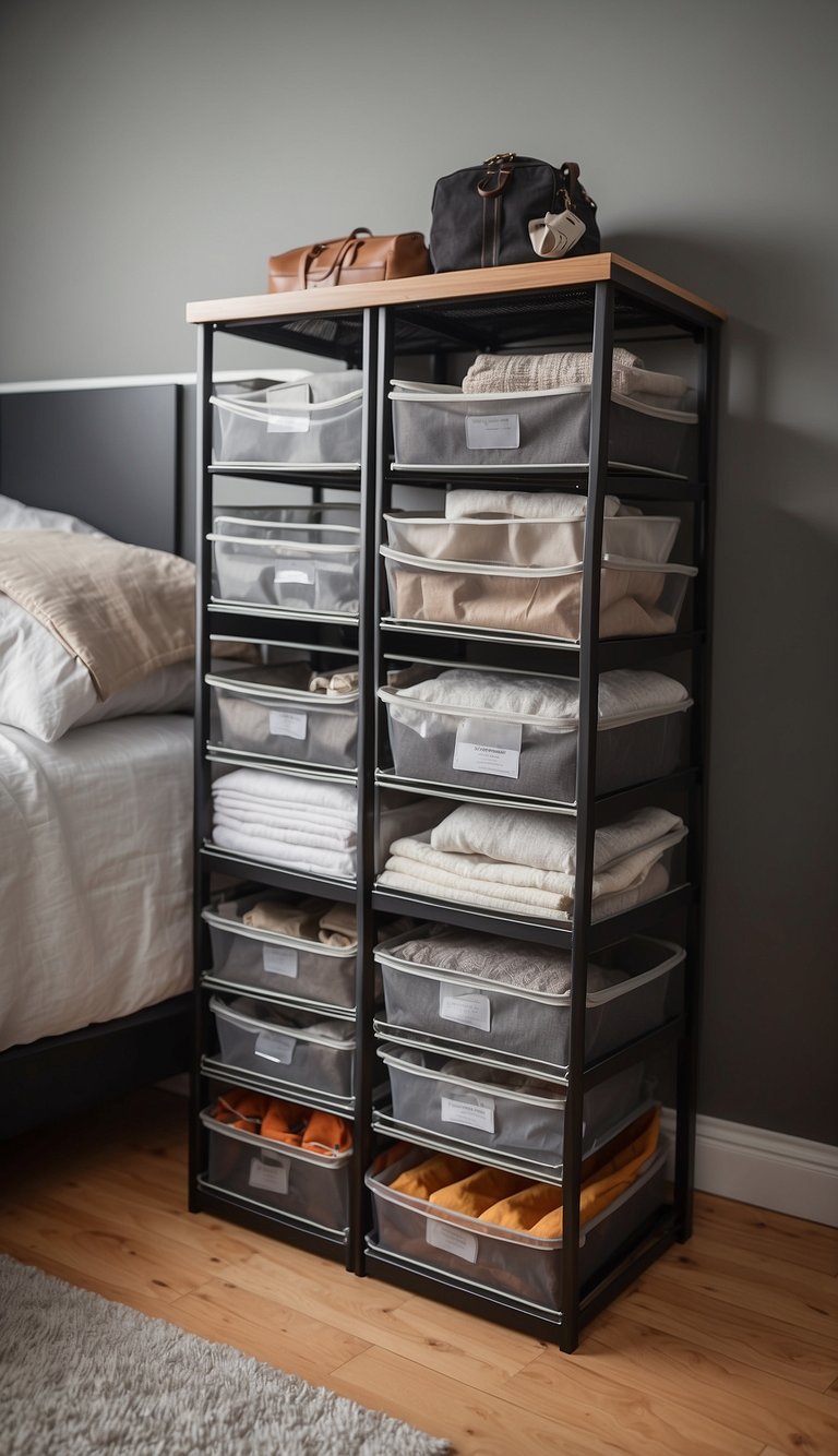 Underbed storage bins neatly organized in a small bedroom, maximizing space and reducing clutter