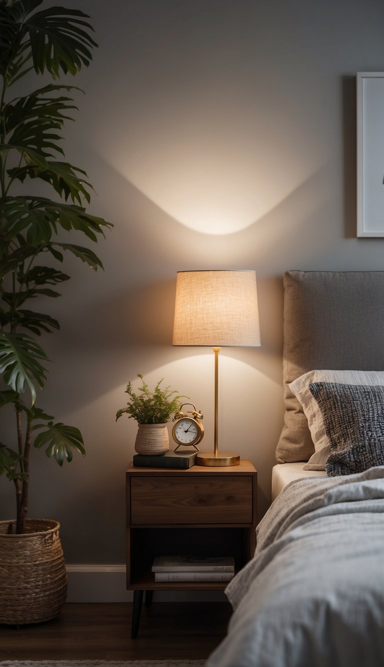 A small bedroom with a wall-mounted nightstand, minimalist decor, and soft lighting