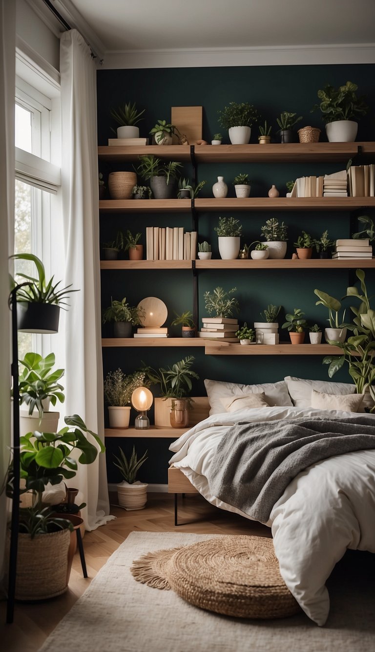 A cozy bedroom with corner shelves filled with books, plants, and decorative items. The shelves are neatly organized and add a touch of charm to the small room