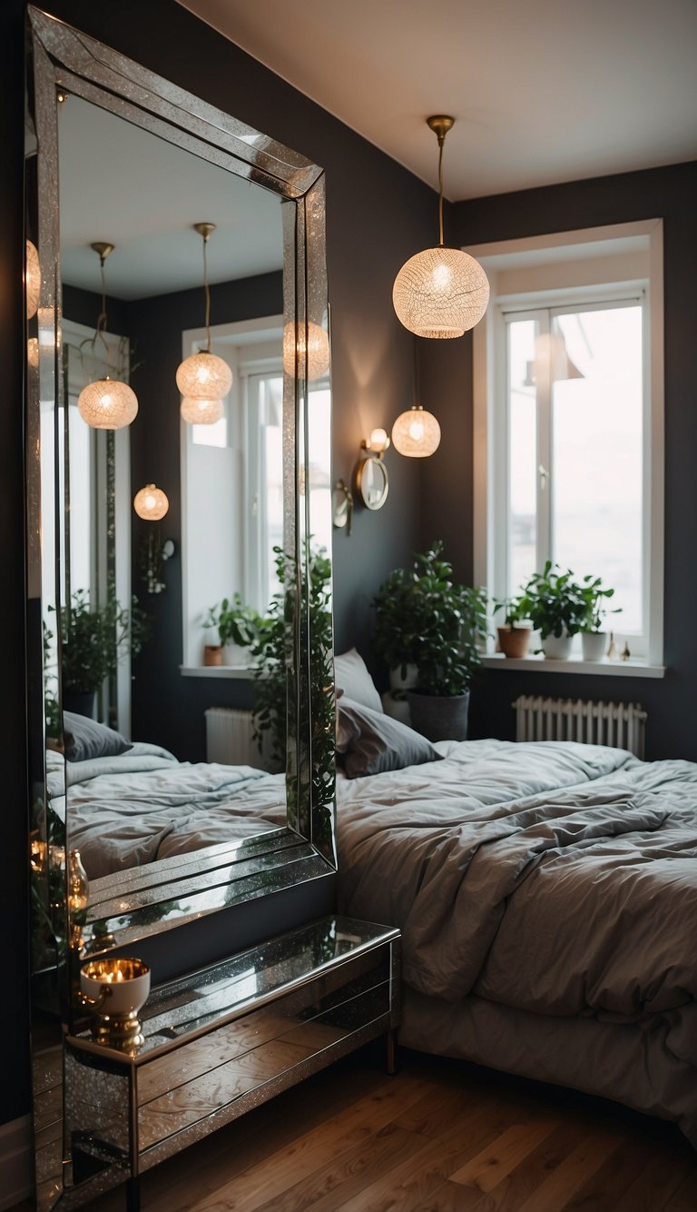 Multiple wall mirrors reflecting a small bedroom with clever space-saving ideas. Cozy and functional decor