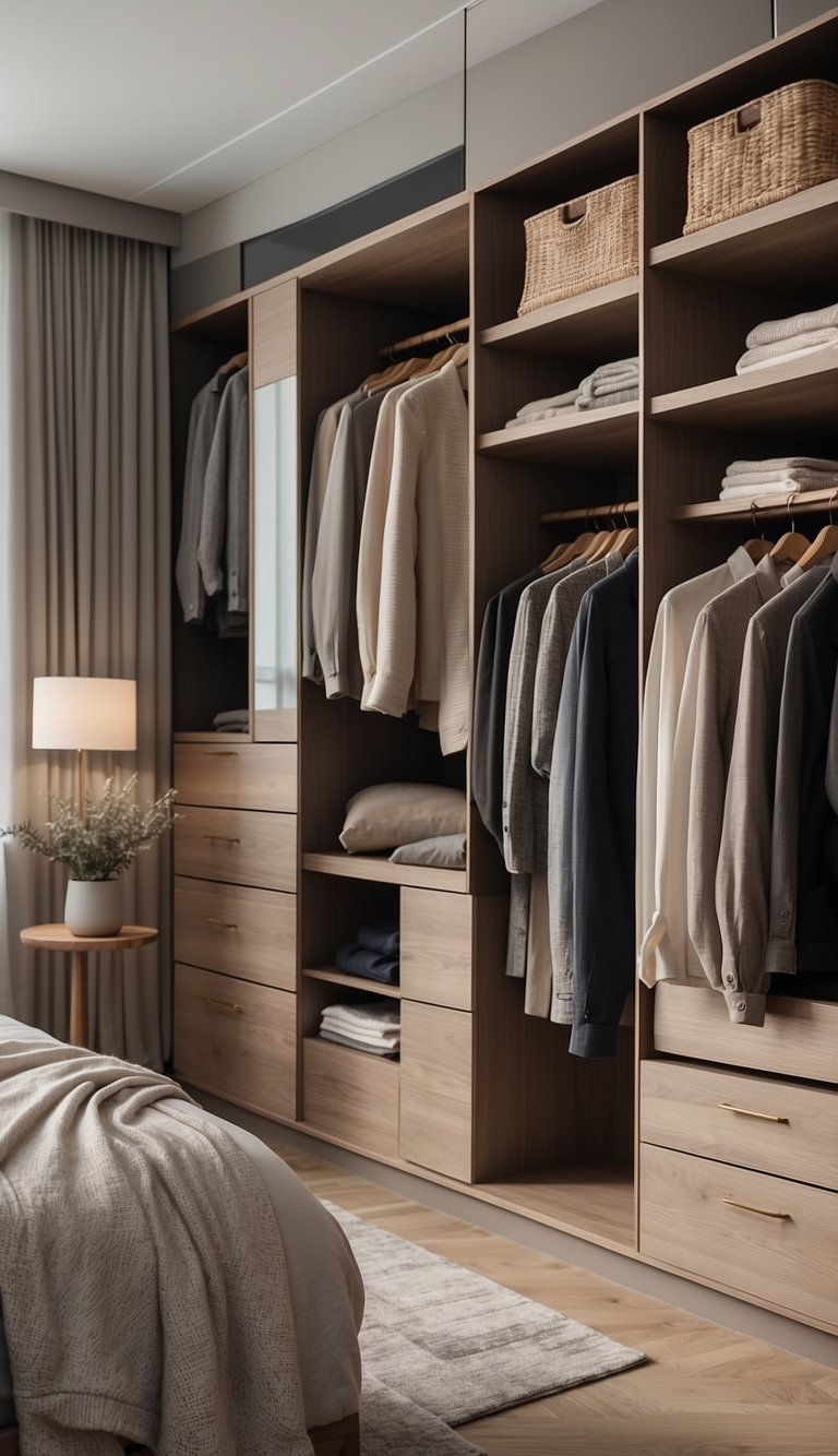 A simple, organized bedroom with a small, functional wardrobe and clever storage solutions. Clean lines and neutral colors create a calm and spacious atmosphere