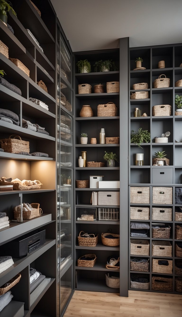 A row of vertical storage units filled with various bedroom decor and organization ideas for small rooms