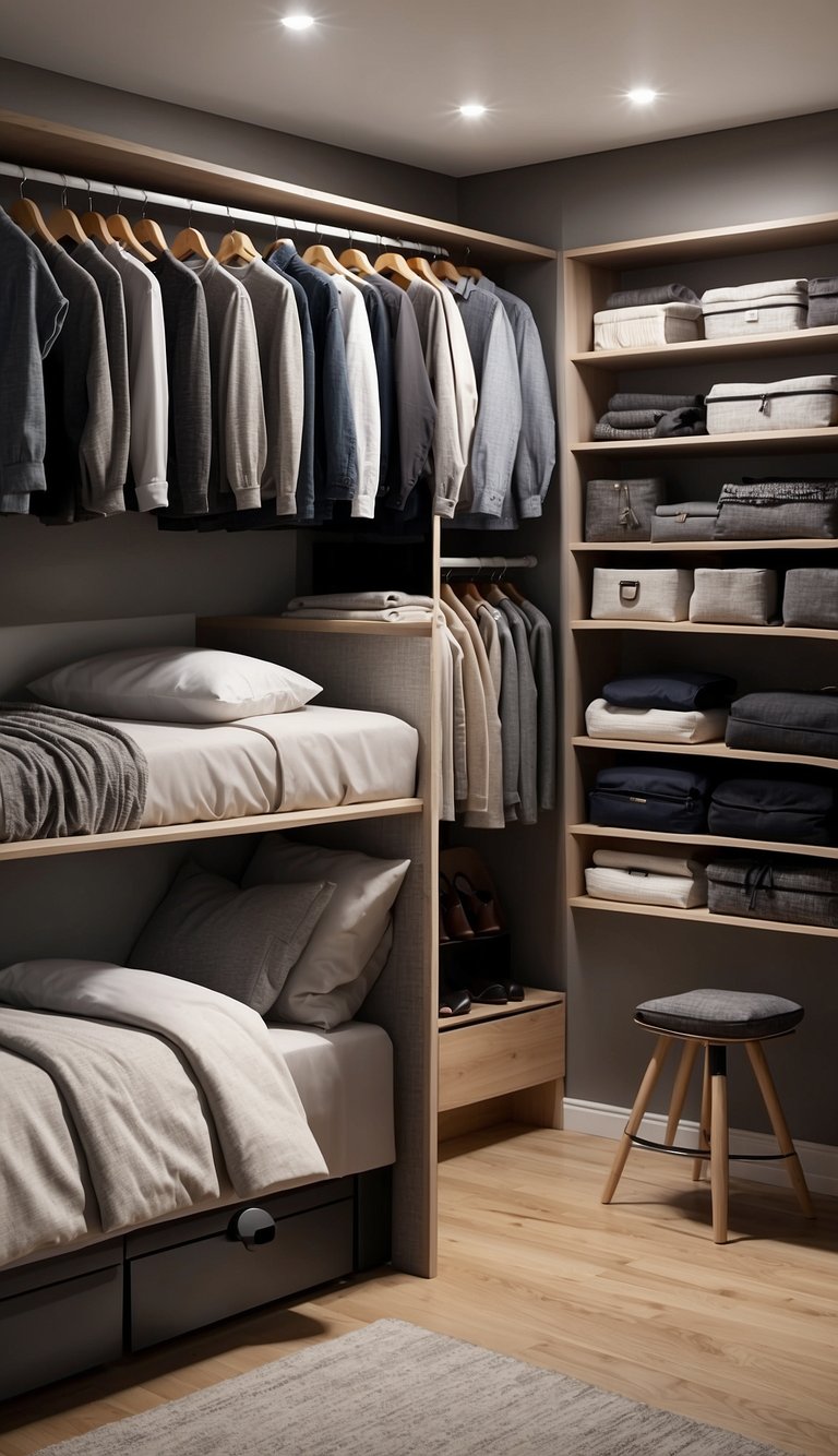 A small bedroom with a sliding door closet, neatly organized with various storage solutions and space-saving ideas