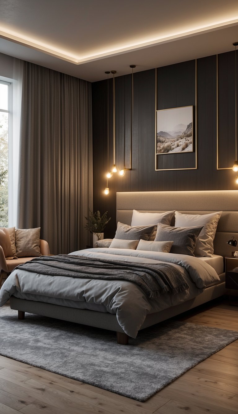 A small bedroom with clever lighting solutions, such as wall-mounted sconces and pendant lights, illuminating the space without taking up precious floor space